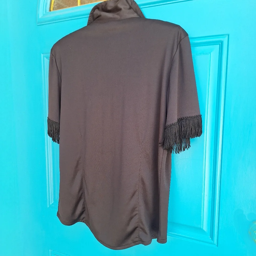 Vintage Blouse Fringe Sleeves Button Down Fitted Top Exagerated Flowy Trim M - Picture 13 of 17